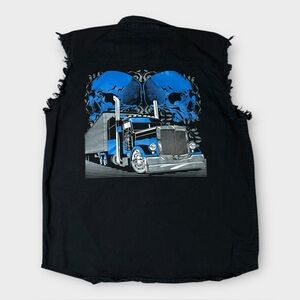 Coast Big Rig Truck Skull Graphic Black Button Up Shirt Frayed Sleeves Size XL